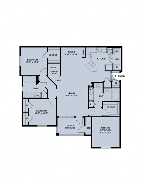 Floor plan for 3 beds, 2 baths, 1321 sqft